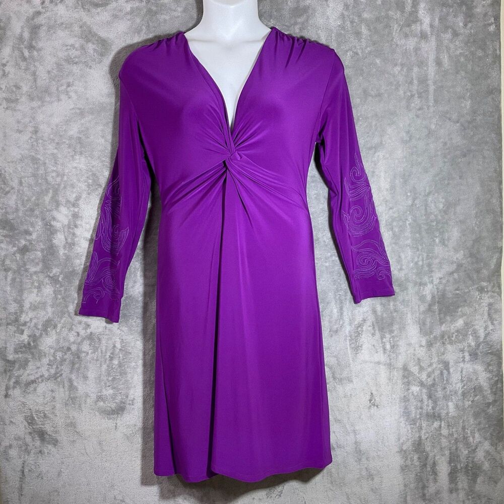 Josie Natori midi dress twist bodice embroidered slvs. Women’s sz. L